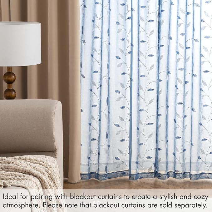 MIULEE Dusty Blue Sheer Curtains 2 Panels Leaf Patterned, W52 x L96 | - Image 7