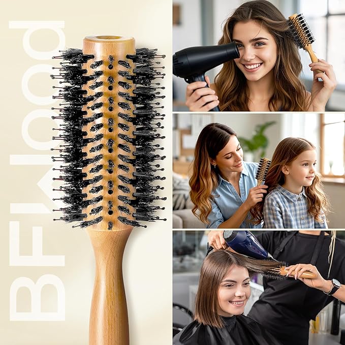BFWood Round Brush for Blow Out, 1.2 Inch Natural Wooden Boar Bristle Hair Brush for Blow Drying, Curling, Styling & Volume