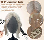 8x11cm Breathable Hair Topper, 12 inches 35g 120% Density Real Human Hair, 3 Non-Slip BB Clips, Wearable on Left, Right & Middle Part, Versatile Styling for Hair Loss & Volume Boost (Grey)