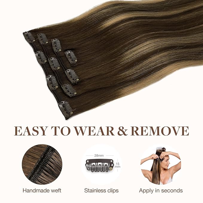 GOO GOO Clip in Hair Extensions Real Human Hair, Remy Human Hair Extensions Clip ins for Women, Natural Human Hair, 18inch 70g 4Pcs, 4/27/4 Balayage Chocolate Brown to Caramel Blonde