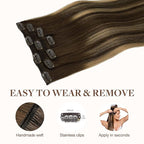 GOO GOO Clip in Hair Extensions Real Human Hair, Remy Human Hair Extensions Clip ins for Women, Natural Human Hair, 18inch 70g 4Pcs, 4/27/4 Balayage Chocolate Brown to Caramel Blonde