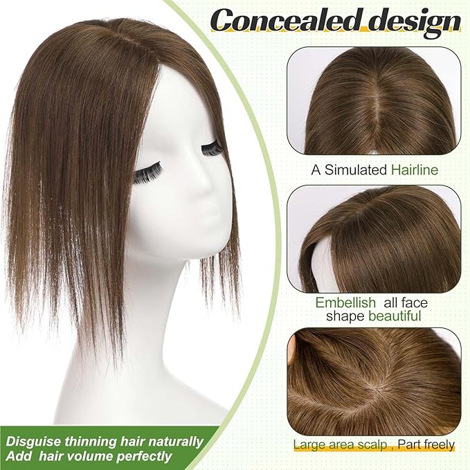 starluck Human Hair Toppers for Women with Thinning Hair, 10 Inch Real Hair Topper, 5.5x3.5 Inch Silk-like Skin Base Hairpiece, With Bangs (Brown)