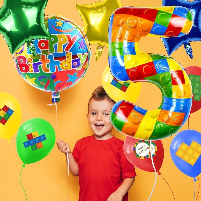 40 Inch Building Block Number Balloon, Colorful Number Block Foil Number 5 - Image 4