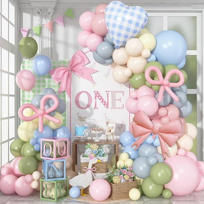 Goose Balloon Arch Kit Pastel Pink Blue Sage Green Balloons Garland Bow Gingham by Domgoge
