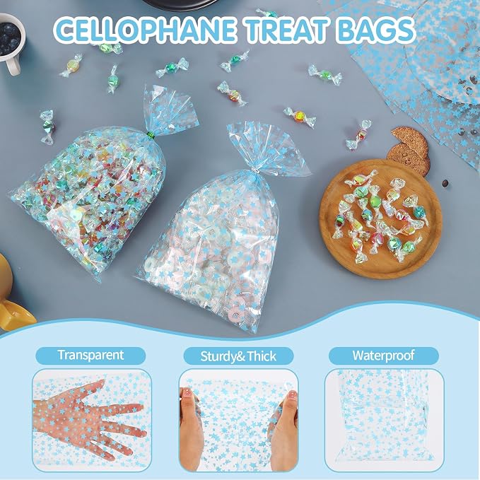 COQOFA 100 Pcs Blue Star 5"X11" Gift Wrap Cello Cellophane Treat Bags Clear - Image 3