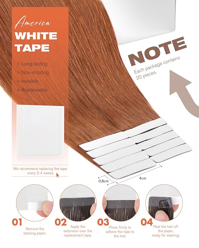 Sunny Hair Tape in Hair Extensions Real Human Hair Invisible Remy Hair Extensions Tape ins for Women Copper Red 16 inch 20Pcs 50G