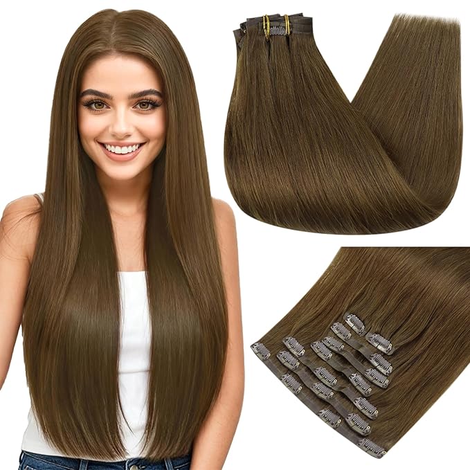 Full Shine Clip in Hair Extensions Real Human Hair Brown Seamless Hair Extensions Clip in with PU Weft Remy Human Hair Medium Brown Softness 18 Inch 8 PCS 120 G