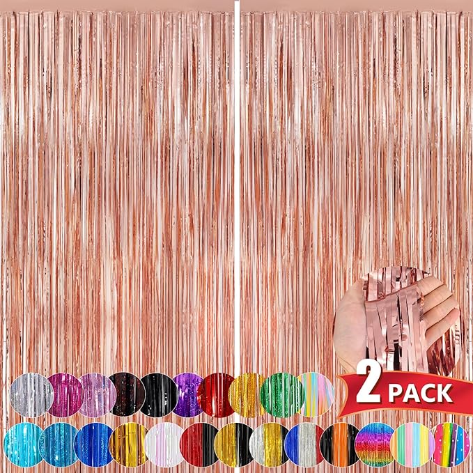 Rose Gold Metallic Tinsel Foil Fringe Curtains, 2 Pack 3.3x8.3 Feet Party by NUWDHP
