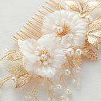 SWEETV Flower Bride Wedding Hair Comb of Fabric Material with Light Weight Pearl and Crystal Accents, Gold Color, 13*6 cm, for Brides Women and Girls Party Prom Gift