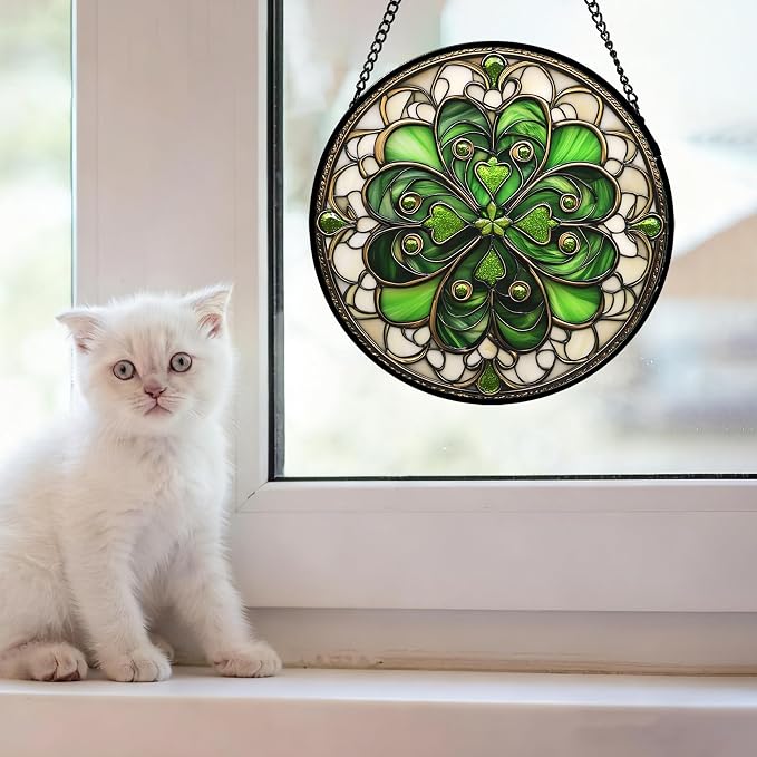 DASTOLL Stained Glass Window Hanging St. Ripak Festival Green Lucky Clover 9.8" - Image 2