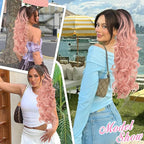 ALXNAN Ponytail Extension,24 Inch Claw Clip in Long Curly Wavy Omber Black to Pink Ponytail Hair Extension Jaw Clip on Pony Tails Hairpiece for Women