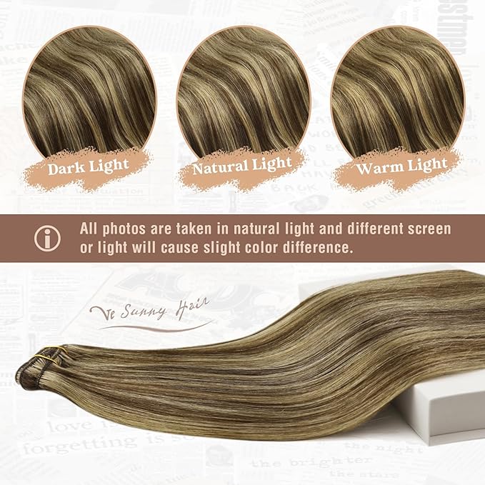 Ve Sunny Clip in Hair Extensions Real Human Hair Brown Clip in Hair Extensions Highlights Human Hair Clip in Extensions Dark Brown with Caramel Blonde Easy to Wear 100g 14inch 7pcs