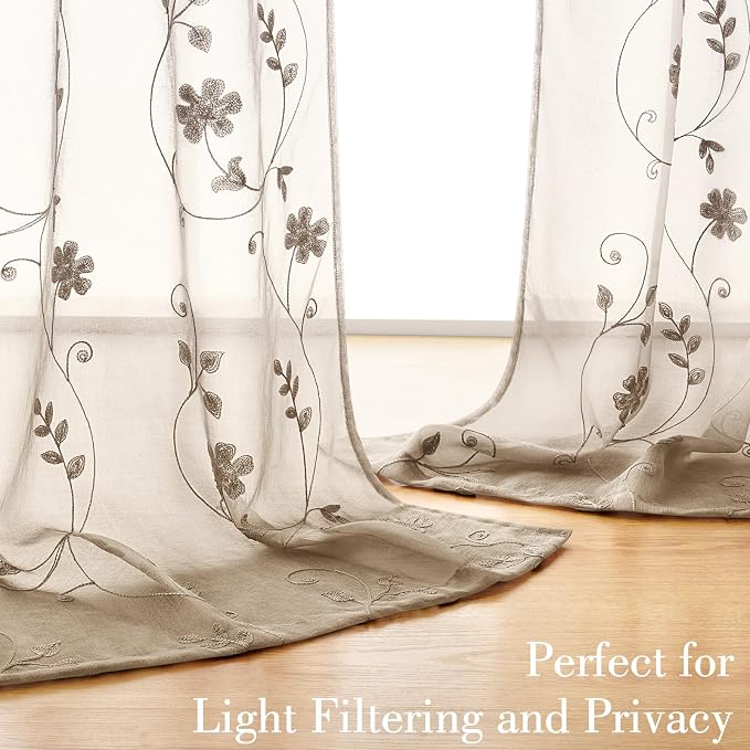 HOMEIDEAS Taupe Sheer Curtains 96 Inches Long 2 Panels Beige Embroidered Floral - Image 2
