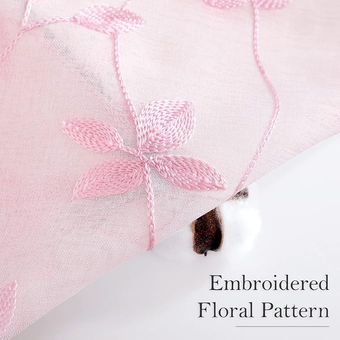 HOMEIDEAS Pink Sheer Curtains 2 Panels, Embroidered Vine Leaf, W52 x L63 | Faux - Image 2