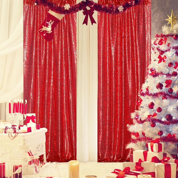 PartyDelight Red Sequin Backdrop Curtains 2x8ft 4 Panels | Sparkly 3mm sequins - Image 6