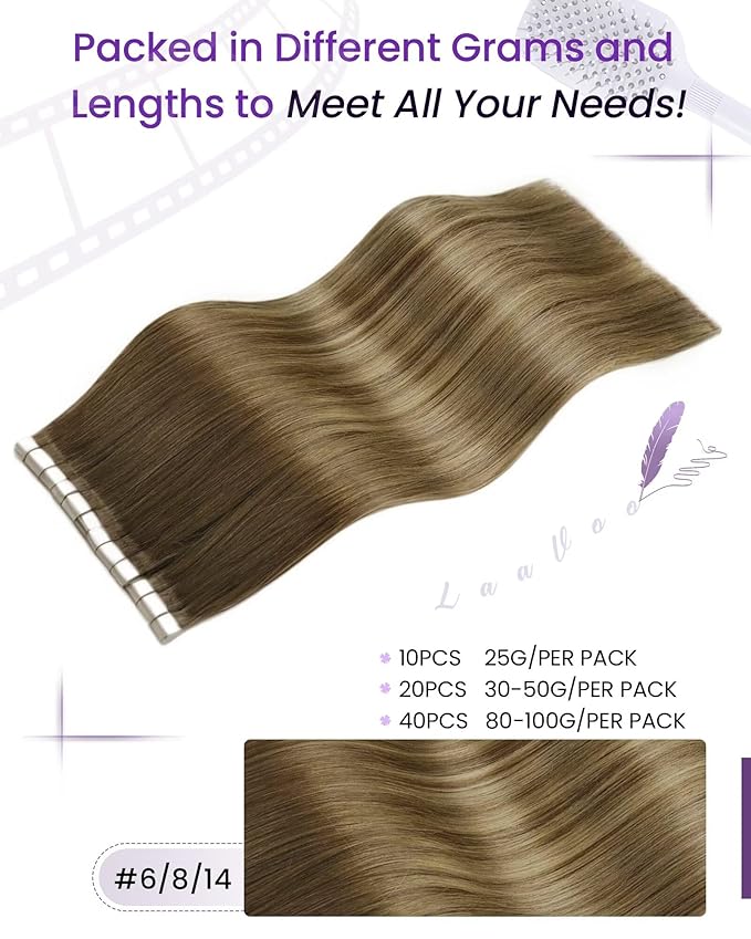 LaaVoo Brown Hair Extensions Tape in Human Hair Tape in Hair Extensions Ombre Medium Brown to Light Brown Mix Golden Brown Tape ins Human Hair Extensions Seamless Hair 22 inch 50g 20pcs
