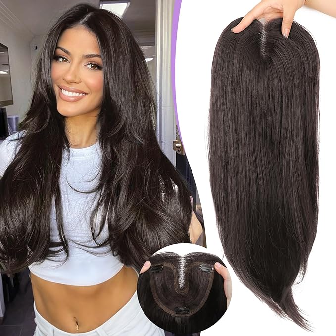 Dark Brown Synthetic Hair Toppers for Women with Thinning 3D 360° Cover Clip in Wispy Bangs Upgraded Adjustable Bandage 24 Inch Long Layered