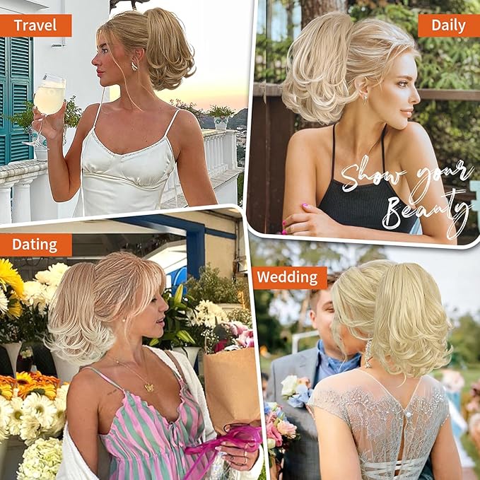KooKaStyle Ponytail Extension, 10" Short Claw Clip in Pony Tails Hair Extensions Curly Wavy Synthetic Drawstring Hairpieces for Women(Light Ash Blonde)