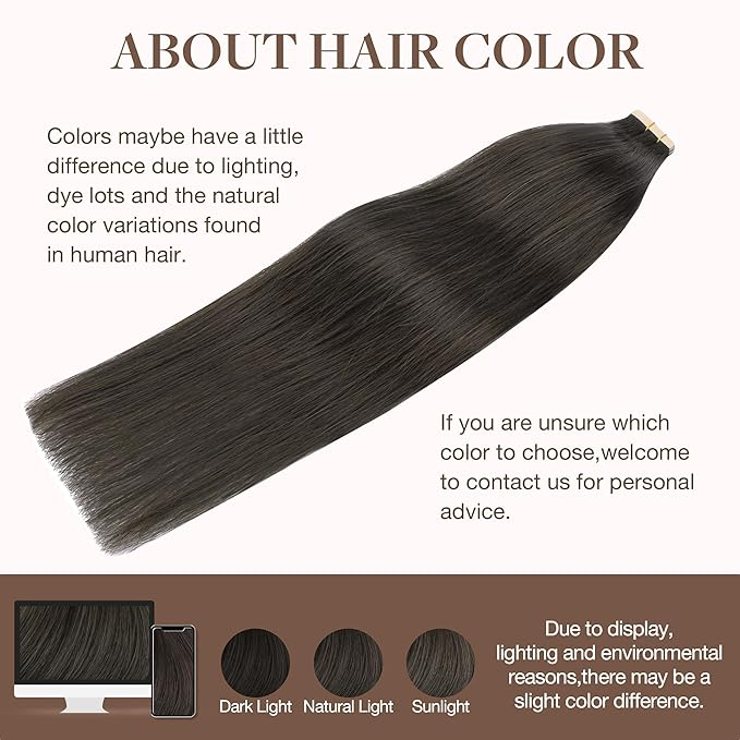 GOO GOO Tape in Hair Extensions Human Hair, 1C Mocha Brown, 26inch 60g 20pcs, Skin Weft Seamless Invisible, Silky Straight with Thick Ends, Remy Human Hair