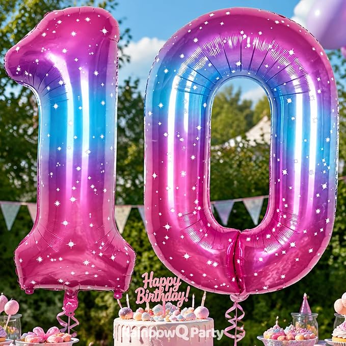 RainbowQ Blue Pink 10 Balloon Number 40 Inch Big 0-10 Foil Large Balloon | - Image 3