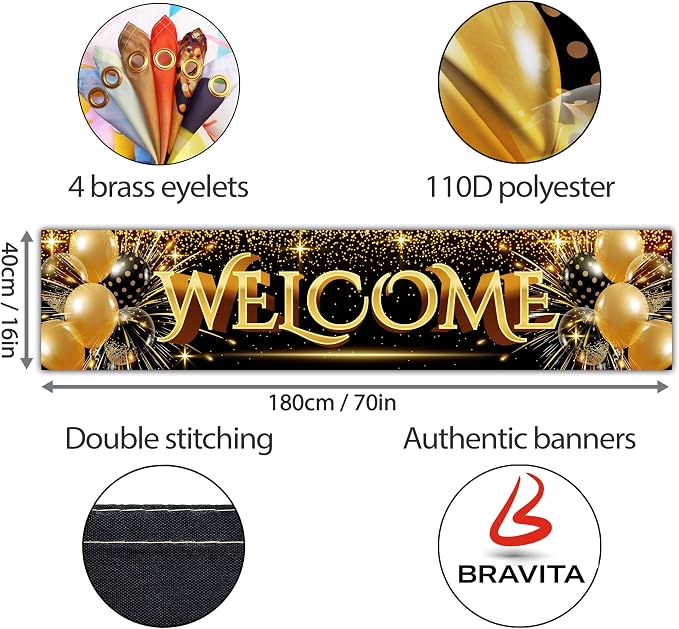 Welcome Banner - Black and Gold Welcome Home Decorations 6 x 1.3ft - Welcome - Image 2