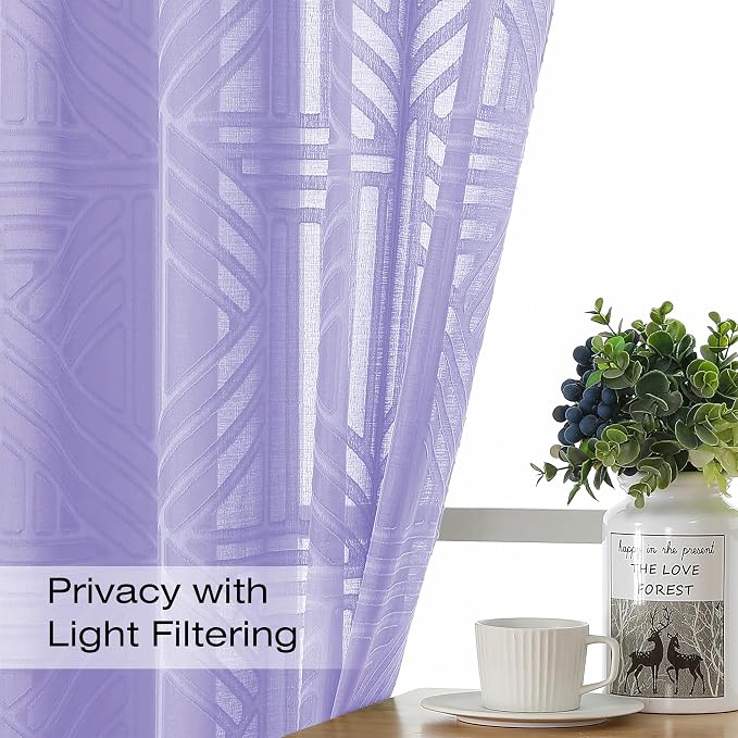 Simplebrand Lavender Semi Sheer Curtains 54 Inch Length 2 Panels, Geometric - Image 2