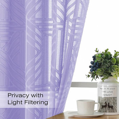 Simplebrand Lavender Semi Sheer Curtains 54 Inch Length 2 Panels, Geometric - Image 2