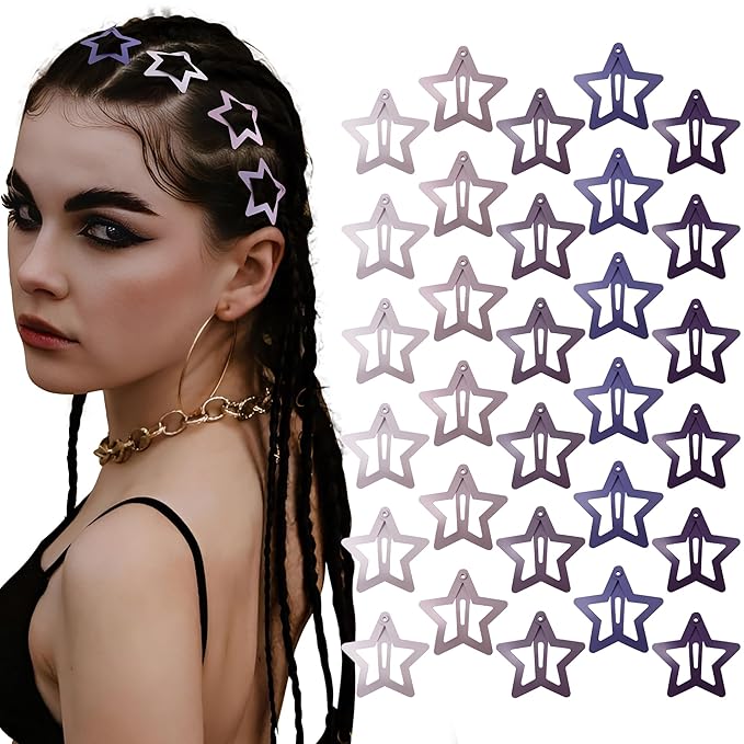 30 Pcs Metal Star Hair Clips 2000s Y2K Snap Barrettes 1.25 In Non Slip Star Hair Accessories for Women,Matte Multiple Purple