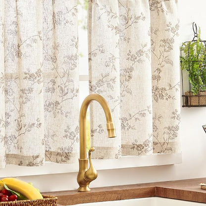 Taupe on Beige Linen Kitchen Curtains Rod Pocket 26W X 36L 2 Panels | Elisa - Image 7