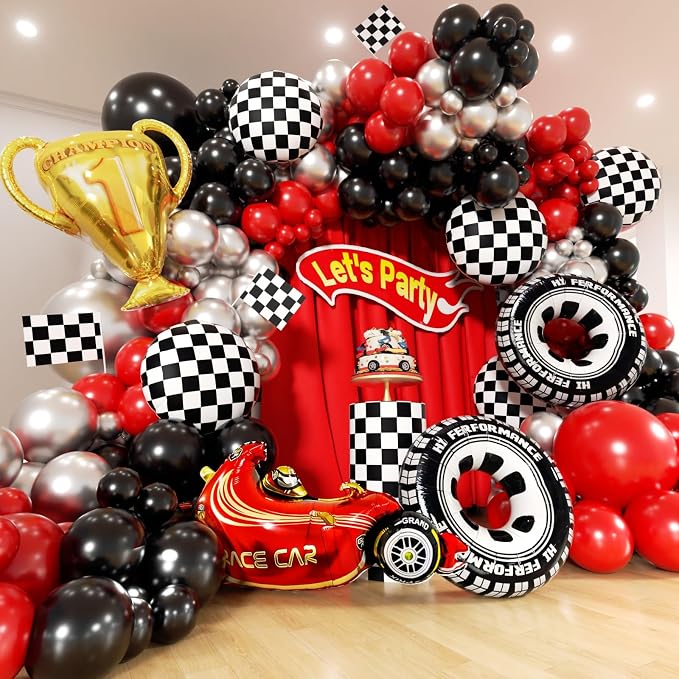 Race Car Balloons Arch Kit -Trophy, Wheels and Red Black Silver Balloon Garland - Image 6