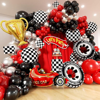 Race Car Balloons Arch Kit -Trophy, Wheels and Red Black Silver Balloon Garland - Image 6