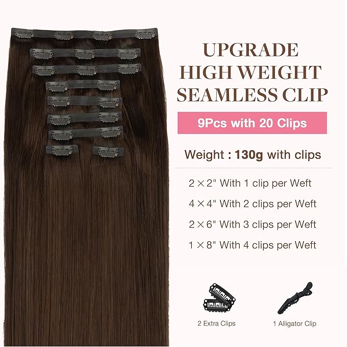 GOO GOO Clip in Hair Extensions Real Human Hair, Remy Human Hair Extensions Clip ins for Women, Natural Human Hair, 20inch 180g 9Pcs, #4A Chocolate Brown