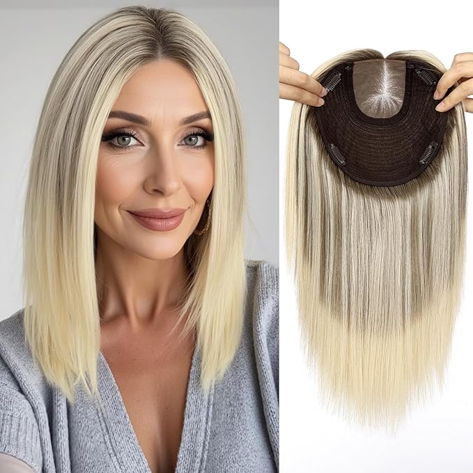 MONO TOP Hair Toppers for Women Human Hair 12 Inch 7"×8" Big Base Partial wig Cover Thinning Hair or Loss No Bangs Top Hair Pieces Natural Wiglets (Ombre Blonde)