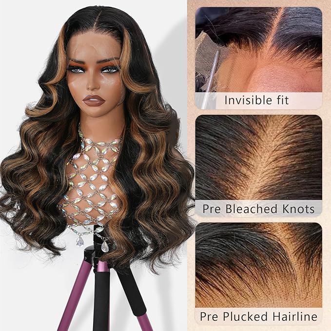 Highlight Ombre 13x4 Full Frontal Skinlike HD Lace Wig 0.10mm Ultra-thin Invisible Body Wave Lace Front Wigs Human Hair Pre plucked 200% Density 1B/30 Balayage Wigs for Women 26 inch