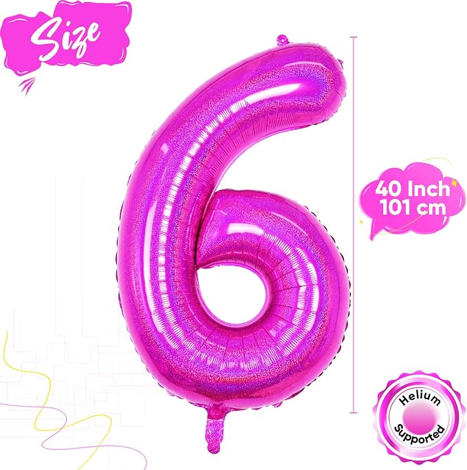 Hot Pink 6 Balloon, 40 Inch Large Laser Hot Pink Foil Helium Number Balloons 0-9 - Image 2