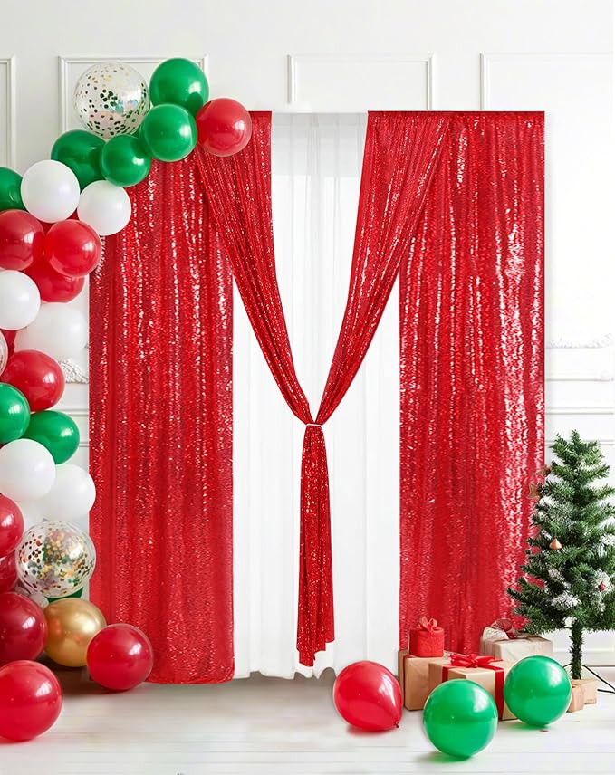 Eternal Beauty Red Sequin Backdrop Curtains, 4 Panels 2x8FT | 3mm Sparkle - Image 2
