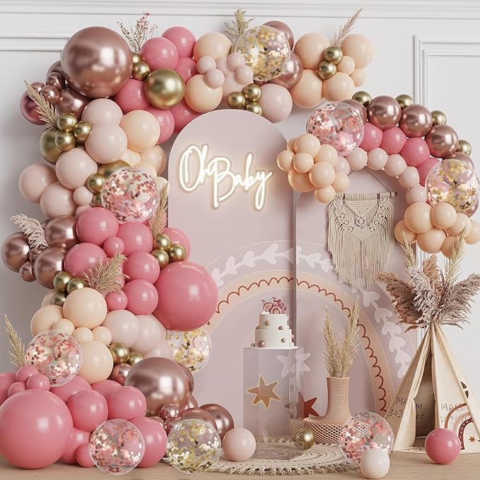 Blush Light Pink Metallic Gold Confetti Balloon Arch Kit 144 Pcs | Boho Baby by Vanjehou