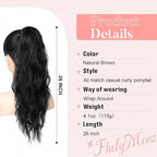 Flufymooz Ponytail Extension, Flexible Wrap Around Ponytail Extension Long Wavy Curly Ponytail Hair Extensions Natural pony tail Synthetic Hairpiece for Women 26 Inch (Natural Black)