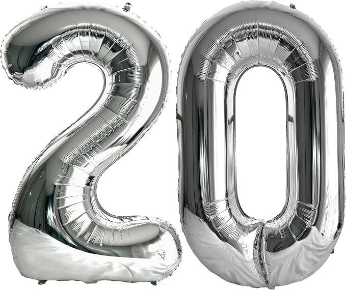 FIROMI 20 Number Balloons Silver Big Foil Mylar 20 Balloon Numbers 40-inch | by Firomi