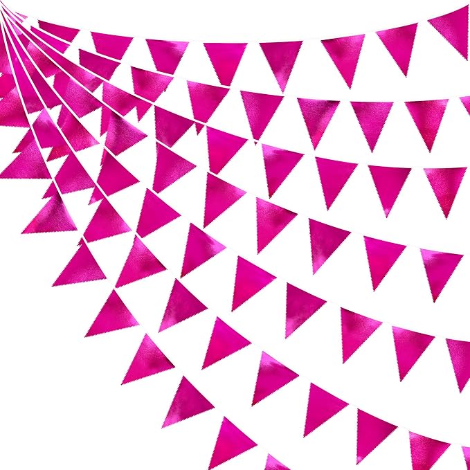 Hot Pink Party Decorations Triangle Pennant Banner Flag Rose Pink Metallic by pinkblume