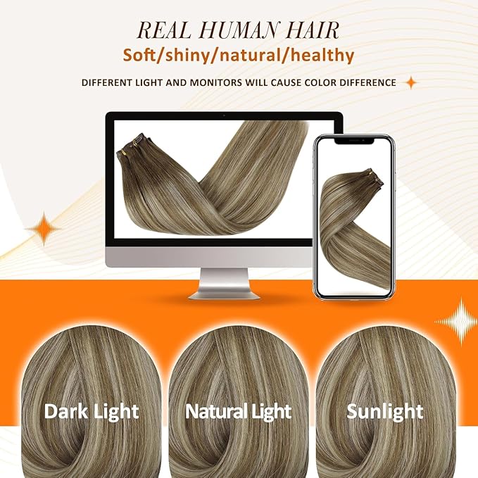 Full Shine Seamless Human Hair Clip in Extensions 22 Inch Light Brown Balayage Blonde Invisible Hair Extensions with PU Weft Seamless Clip ins 8 Pcs 120 G