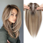 Human Hair Toppers for Women Real HairTopper with Thinning Hair 120% Density Round Shaped Swiss Base Hair Pieces 40g-Ombre Light Brown with Blond Highlight（2T613）