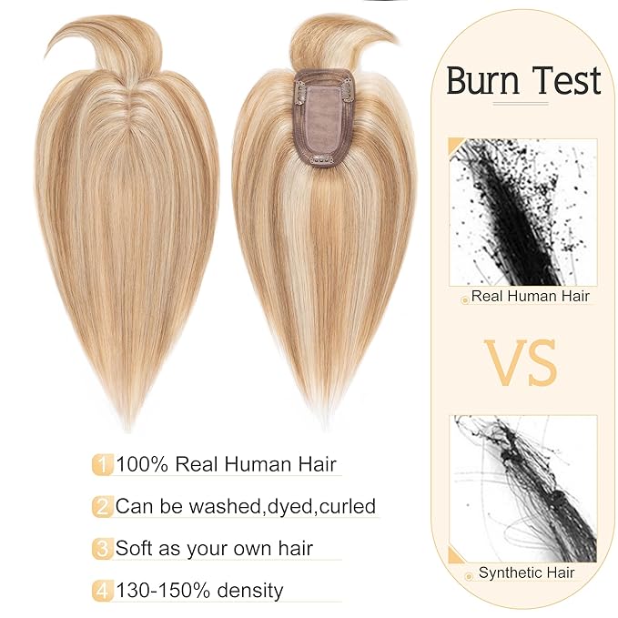 SEGO Hair Toppers for Women Real Human Hair With Bangs, 7 * 13CM Silk Base 100% Remy Human Hair Clip in Top Wiglet Hairpieces Add Volume /8 Inch /12P613 Golden Brown&Bleach Blonde