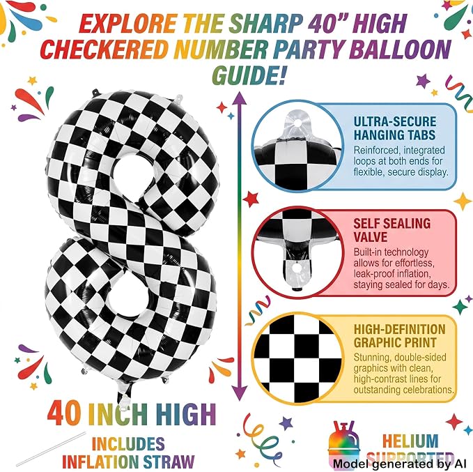 40" Checkered Number 8 Balloon for 8th Race Theme Birthday Party Supplies | 40 - Image 2
