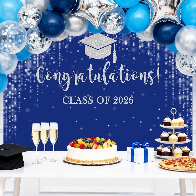 Mocsicka Class of 2026 Backdrop Blue Silver Glitter Bokeh Graduation Party - Image 2