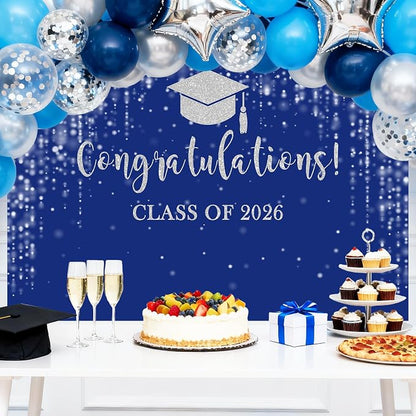 Mocsicka Class of 2026 Backdrop Blue Silver Glitter Bokeh Graduation Party - Image 2
