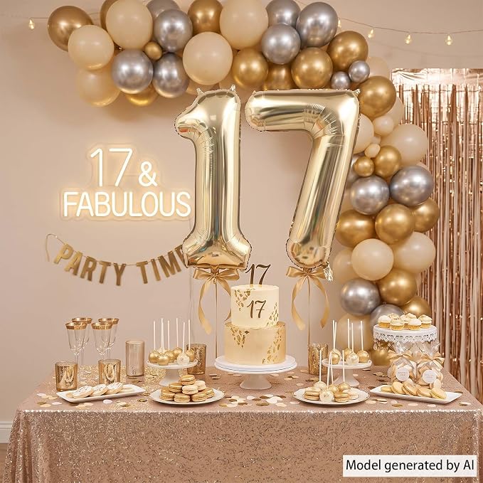 White Gold Number 17 Balloon 40 Inch, Champagne Foil Seventeenth Decoration | - Image 7