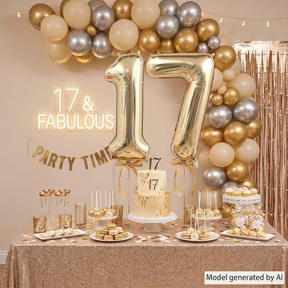 White Gold Number 17 Balloon 40 Inch, Champagne Foil Seventeenth Decoration | - Image 7