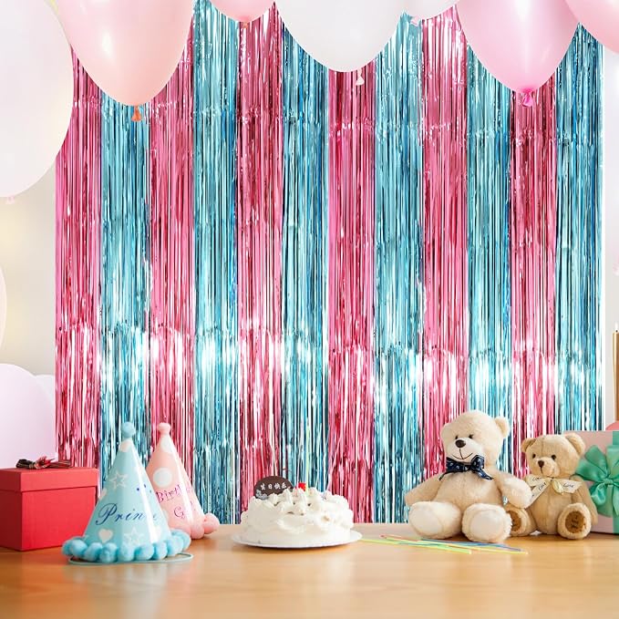 Voircoloria Blue Pink Foil Fringe Backdrop Curtains, 2 Pack | Tinsel Streamers - Image 7