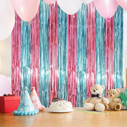 Voircoloria Blue Pink Foil Fringe Backdrop Curtains, 2 Pack | Tinsel Streamers - Image 7